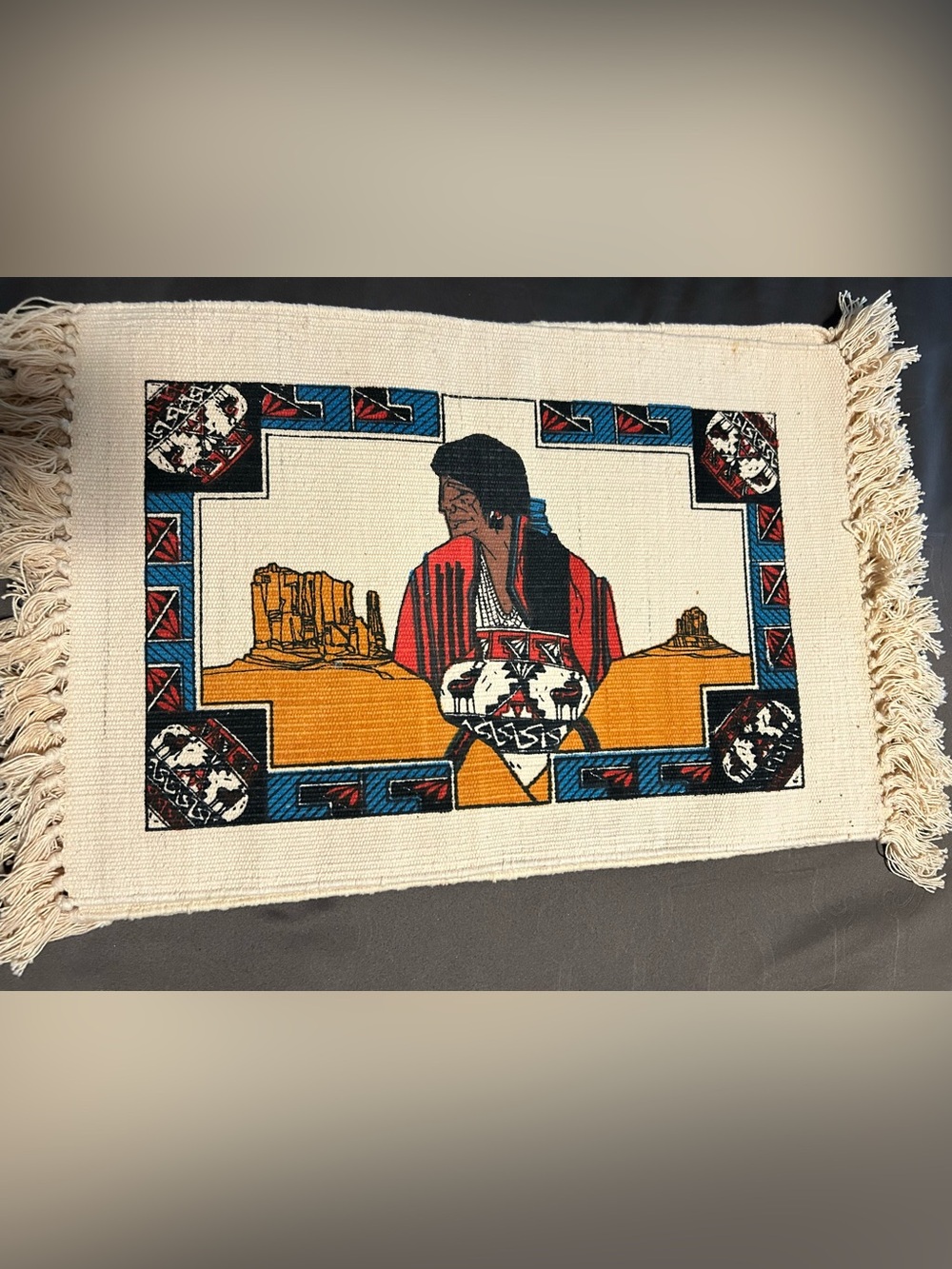 Handwoven Native-Inspired Beige Placemats with Red and Blue Accents